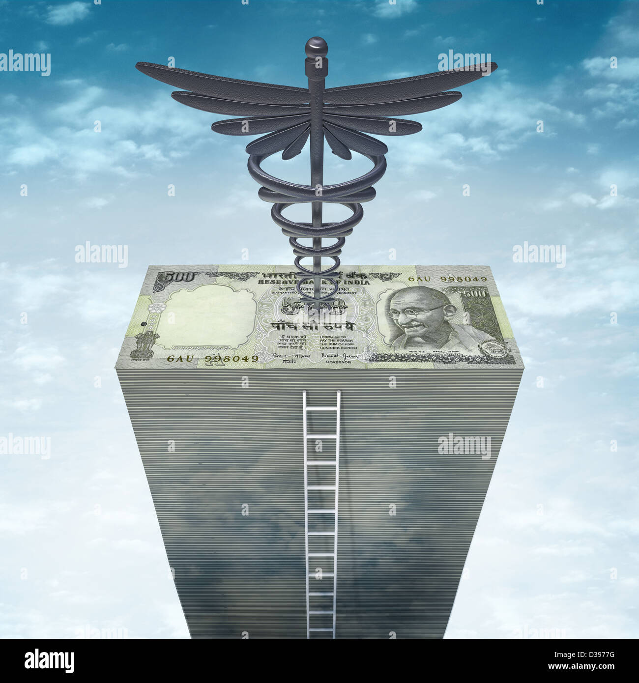 Image d'illustration de pile de papier-monnaie avec échelle et symbole médical sur le haut représentant de l'assurance-santé Banque D'Images