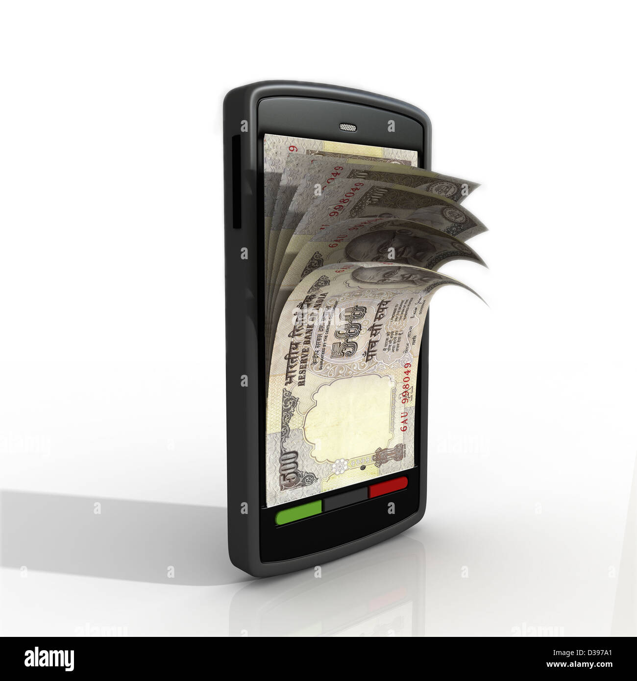Coup de papier conceptuel en monnaie représentant téléphone cellulaire mobile banking Banque D'Images