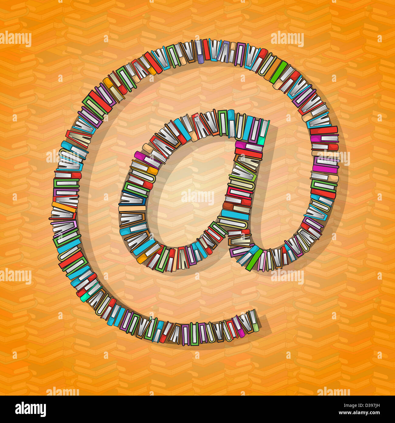 Vue de dessus de livres disposés en symbole 'at' sur fond de couleur illustrant l'apprentissage en ligne Banque D'Images