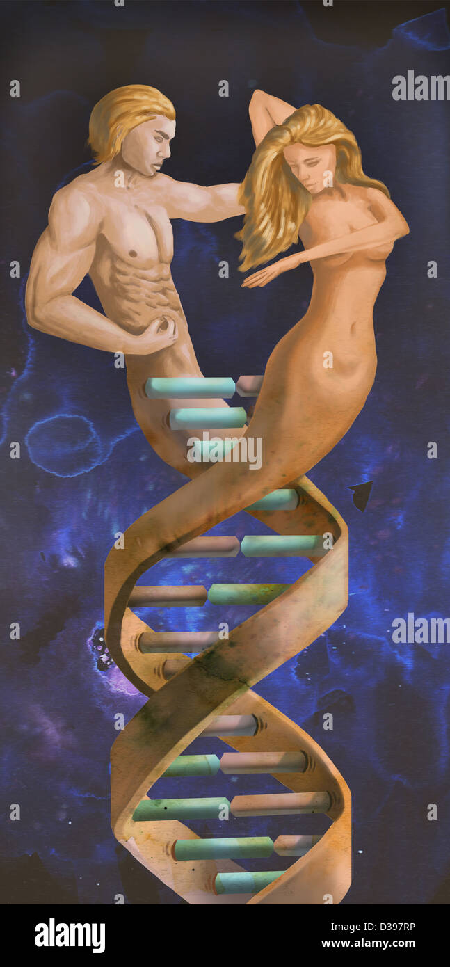 Les hommes et les femmes des chiffres représentant la structure moléculaire de l'ADN Banque D'Images