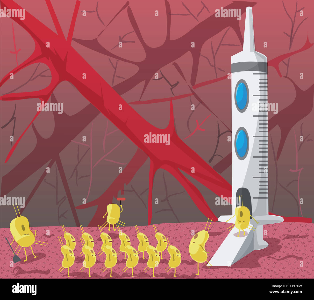 L'équipe d'Antivirus avec seringue illustrant la vaccination Banque D'Images