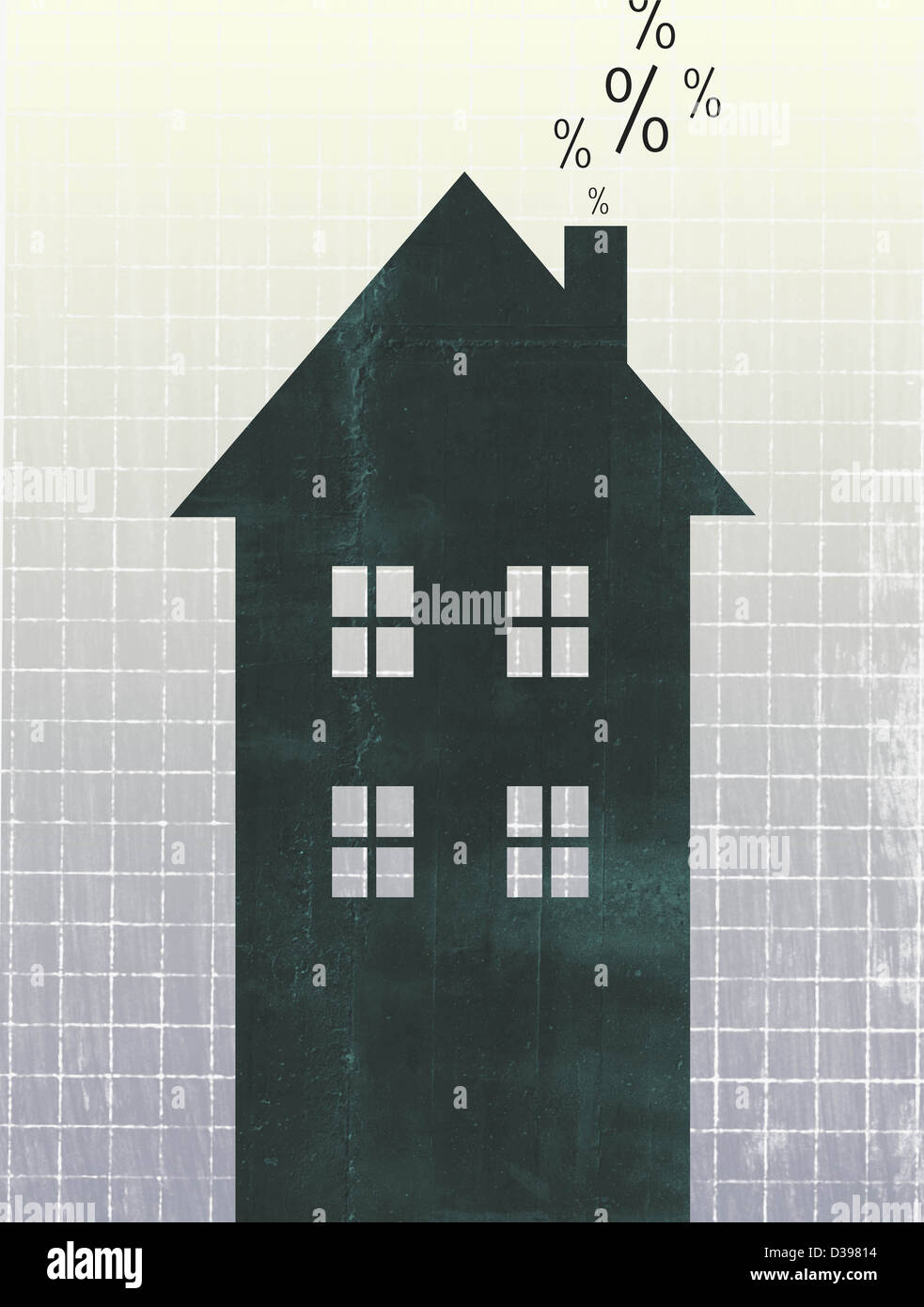 Signe pourcentage sort du taux d'intérêt accru des maison Banque D'Images