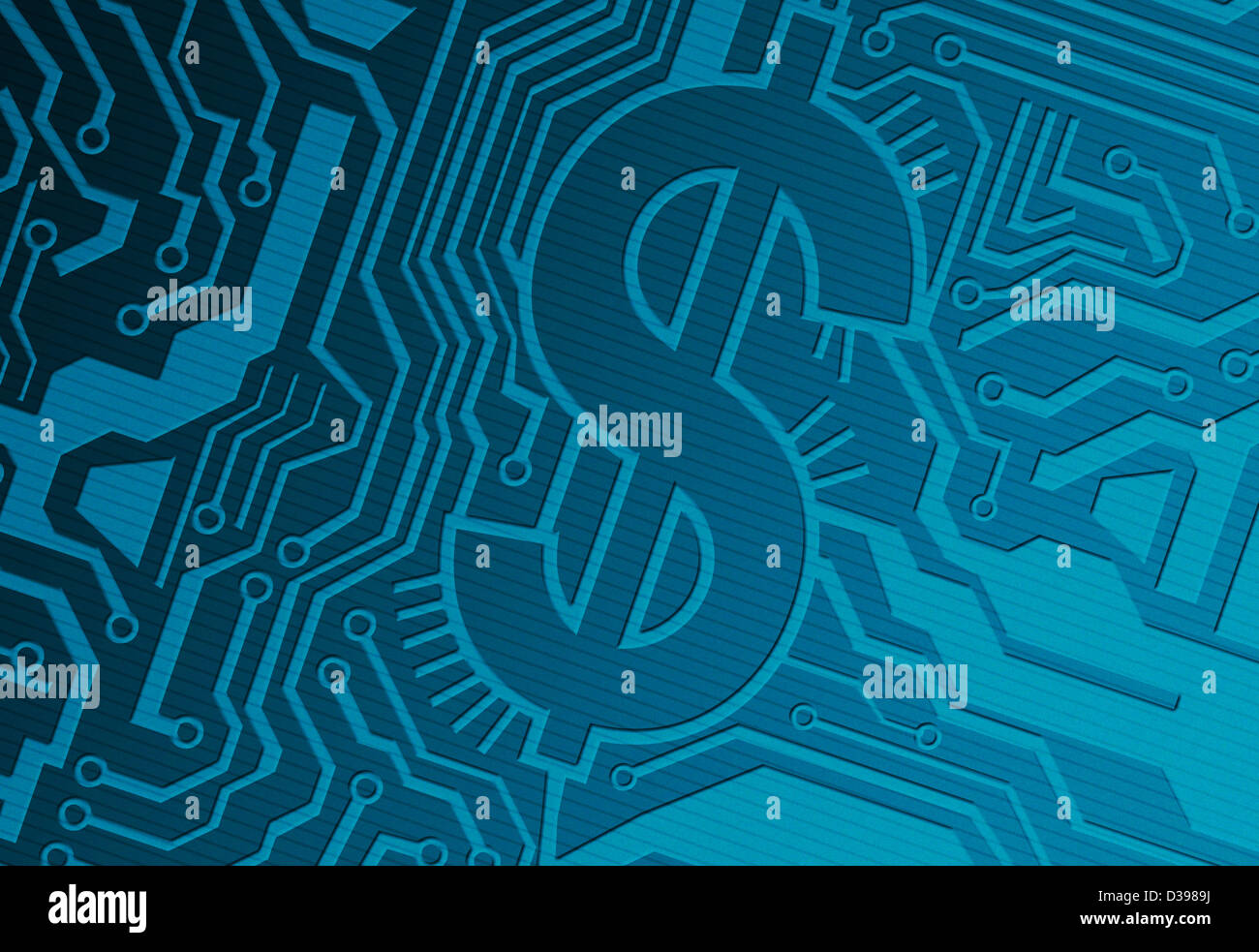 Carte de circuit imprimé bleu avec dollar symbole représentant l'industrie des TI Banque D'Images