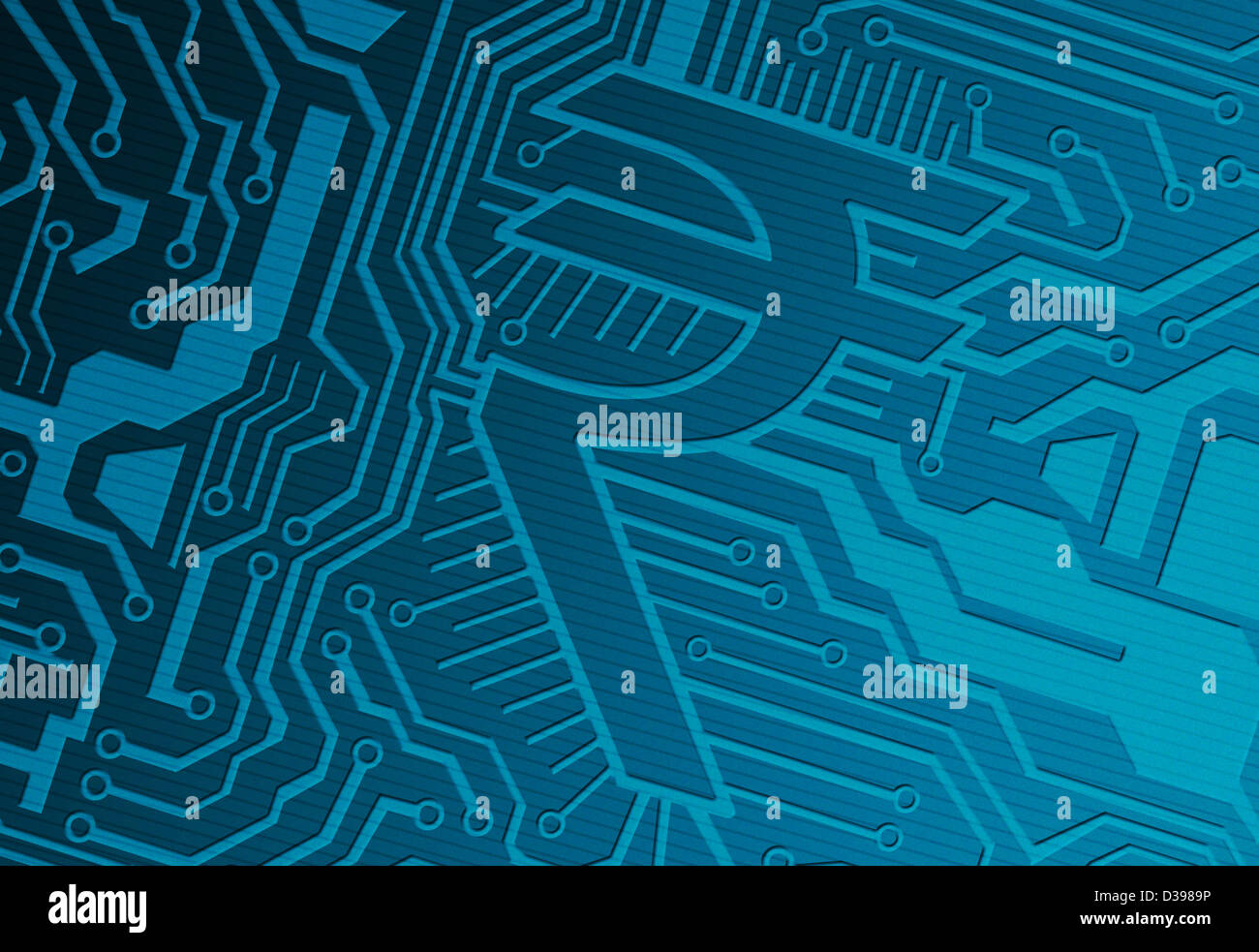 Carte de circuit imprimé bleu avec rupee symbole représentant l'industrie des TI Banque D'Images