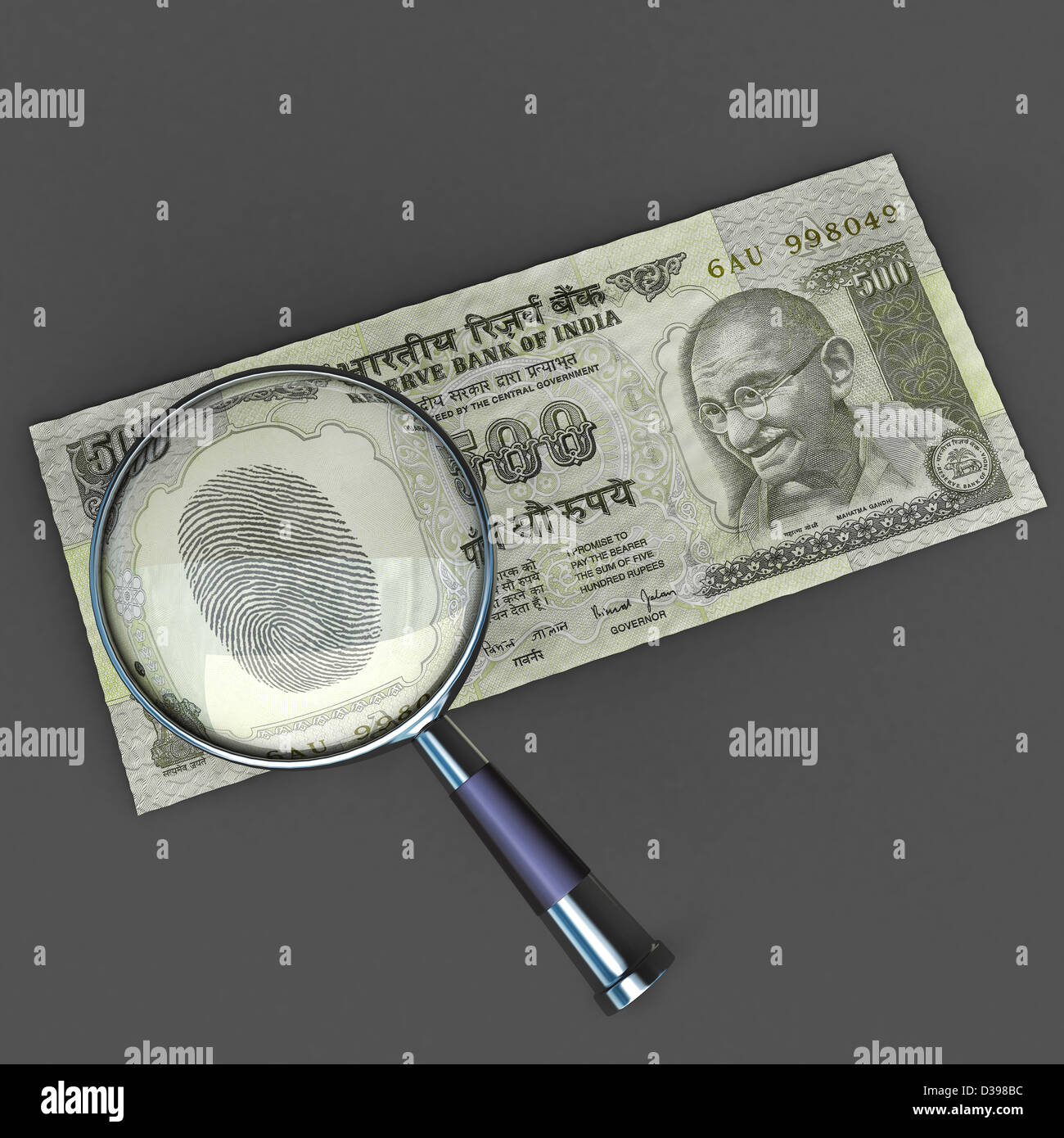 Empreinte digitale sur cinq cents Indiens rupee remarque agrandi avec loupe sur fond de couleur isolées Banque D'Images