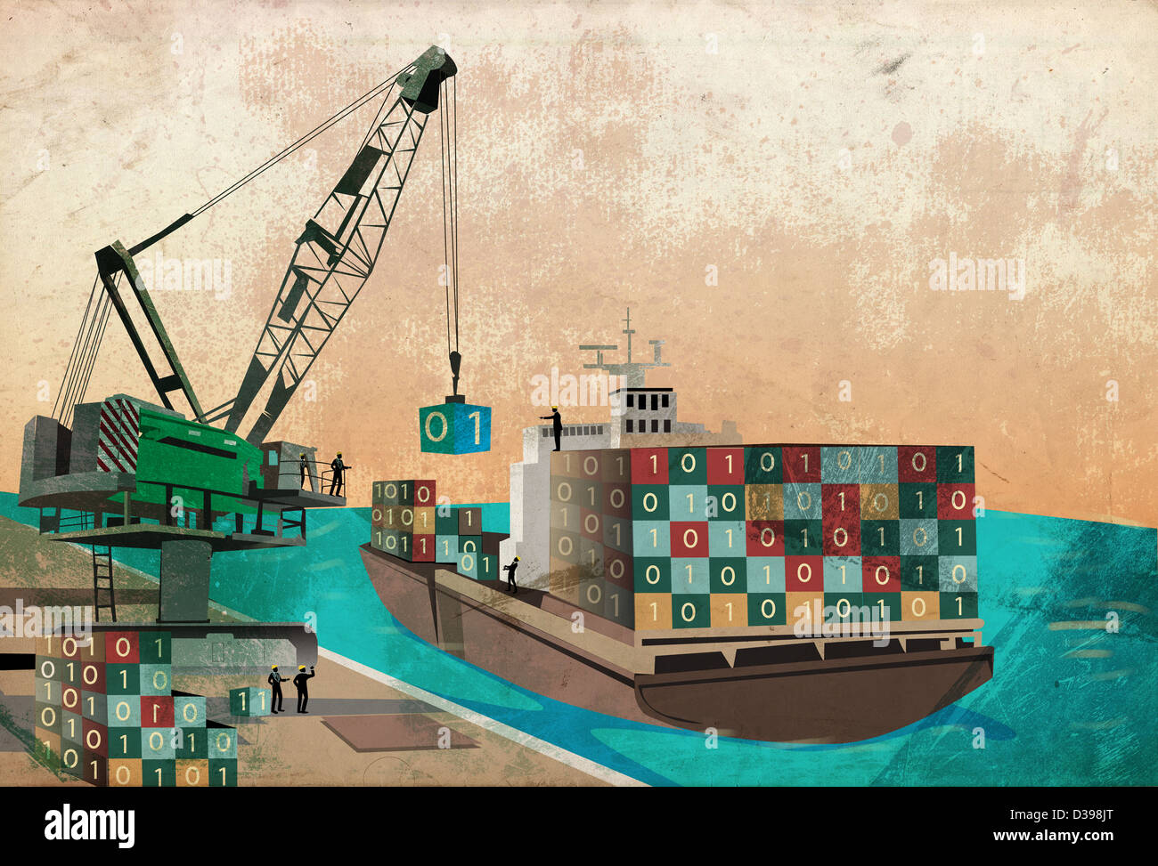Industrie du transport maritime en code binaire de chargement des conteneurs sur un navire qui représente le concept d'exportation de logiciels Banque D'Images