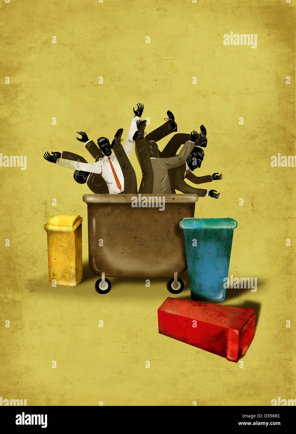 Image d'illustration de gens d'affaires de poubelle sur roues représentant la réduction des coûts Banque D'Images