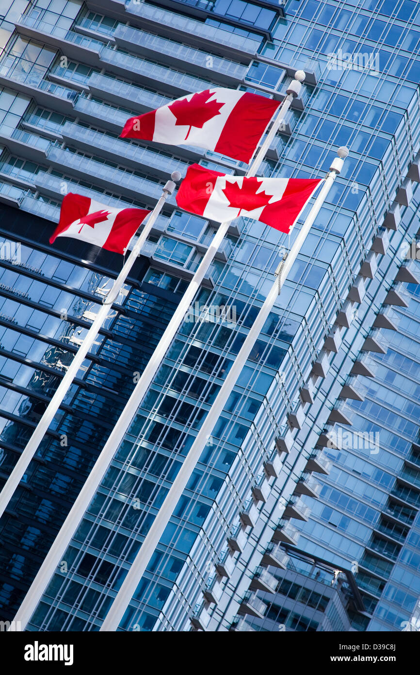 Trois drapeaux canadiens volant à Canada Place, Vancouver Banque D'Images