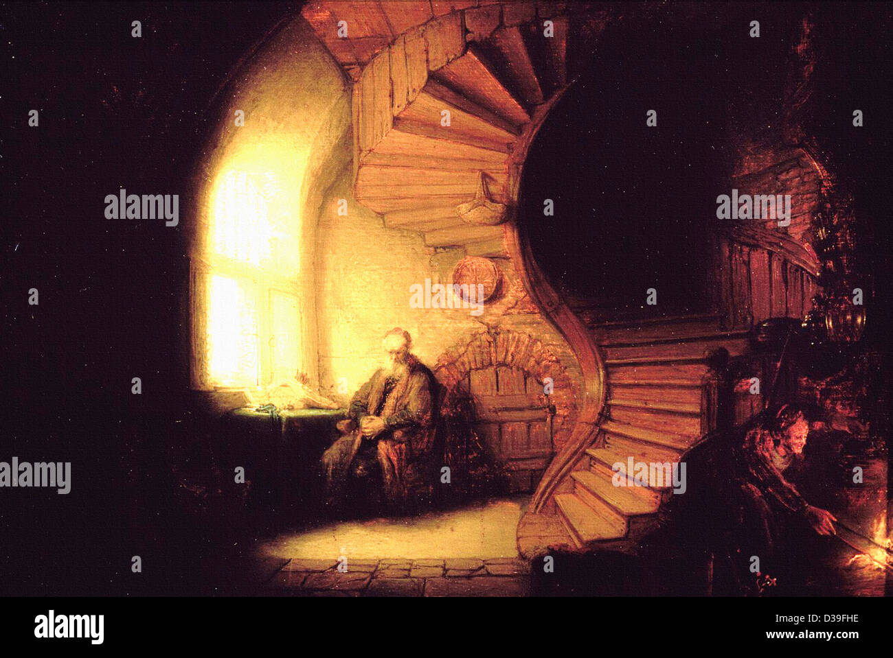 Rembrandt van Rijn, philosophe en méditation. 1632 Huile sur carton. Baroque. Galerie : Musée du Louvre, Paris, France. Banque D'Images