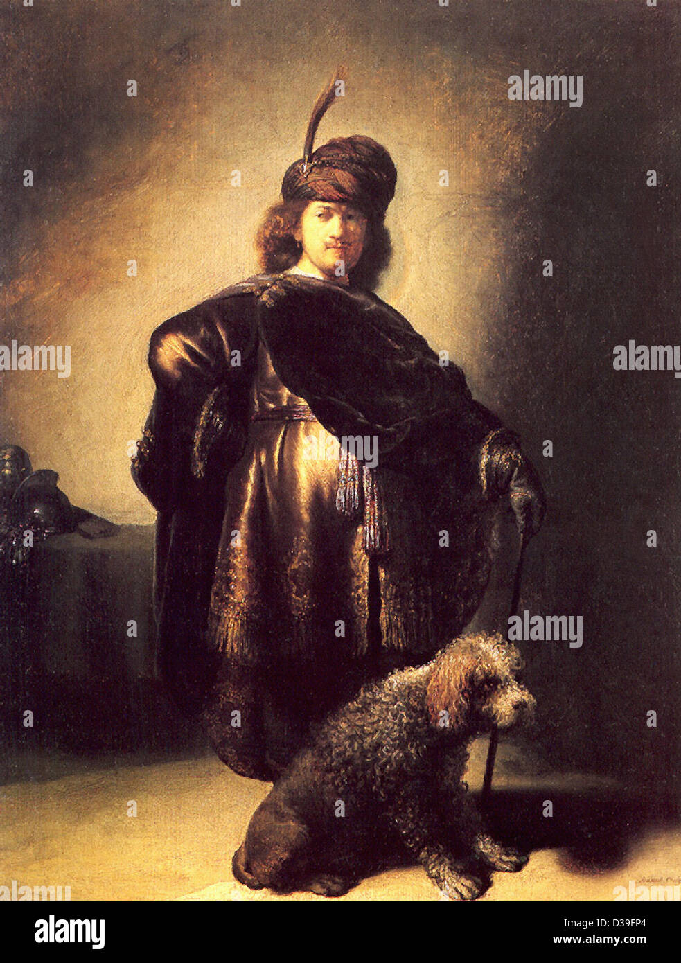 Rembrandt van Rijn, Autoportrait en costume oriental avec caniche. L'huile de 1631. Baroque. Banque D'Images