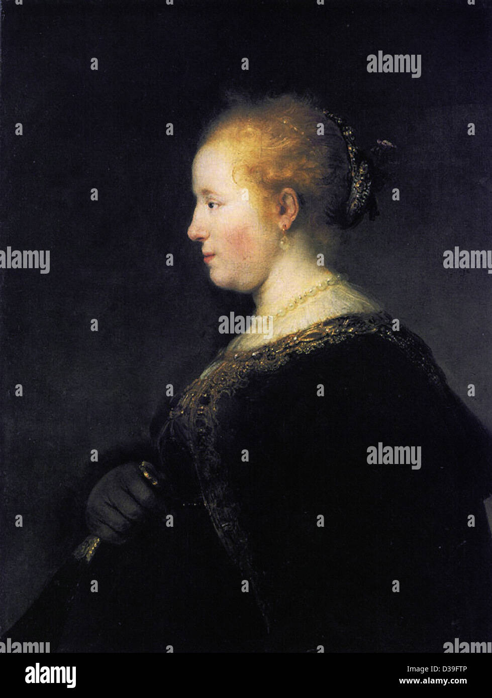 Rembrandt van Rijn, une jeune femme de profil avec un ventilateur. 1632 Huile sur toile. Baroque. Banque D'Images