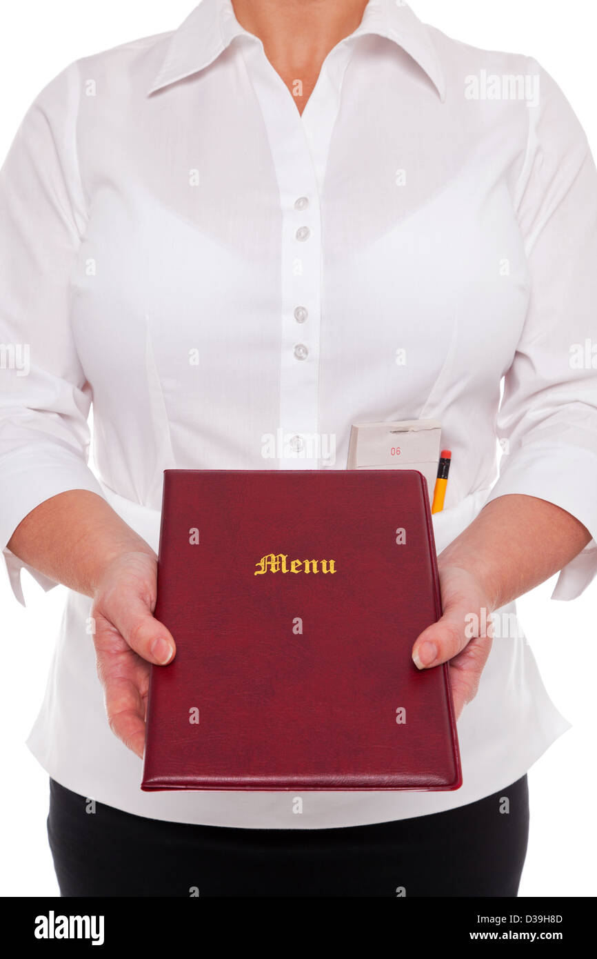 Serveuse vous remettre un menu avec un tampon de l'ordre et le crayon dans son tablier, fond blanc. Banque D'Images Serveuse vous remettre un menu avec un tampon de l'ordre et le crayon dans son tablier, fond blanc. Banque D'Images