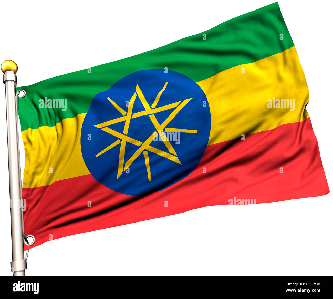 Ethiopie drapeau sur un mât. Chemin de détourage inclus. La texture de la soie visible sur le drapeau à 100  %. Banque D'Images