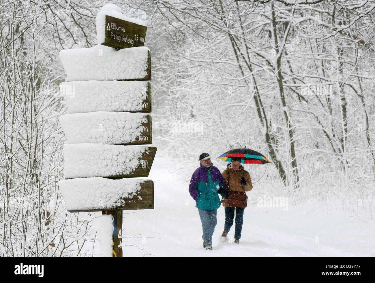 (Afp) - Les gens se promener dans la neige-couvertes Habichtswald forêt près de Kassel, Allemagne centrale, 22 décembre 2003. Environ 20 cm de neige tombaient dans la région de Kassel aujourd'hui. Banque D'Images