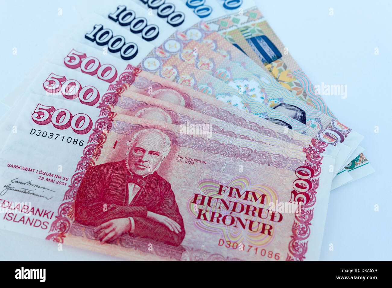 Close up of Couronne islandaise ou couronnes islandaises billets de banque. Banque D'Images