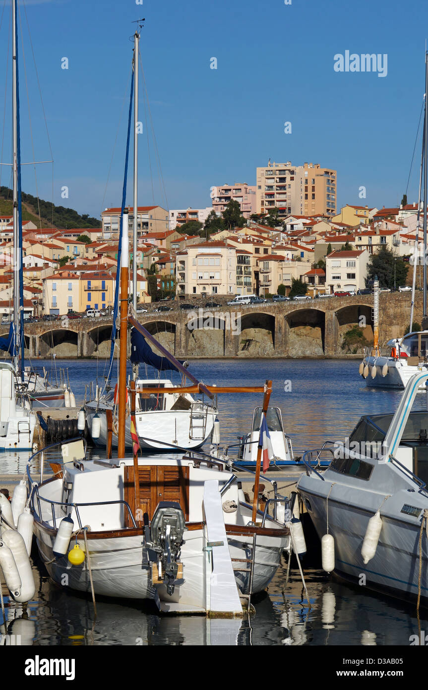 Bateaux à quai dans le port de plaisance de Banyuls-sur-Mer avec la ville  en arrière-plan, mer Méditerranée, Roussillon, Pyrénées Orientales, France  Photo Stock - Alamy