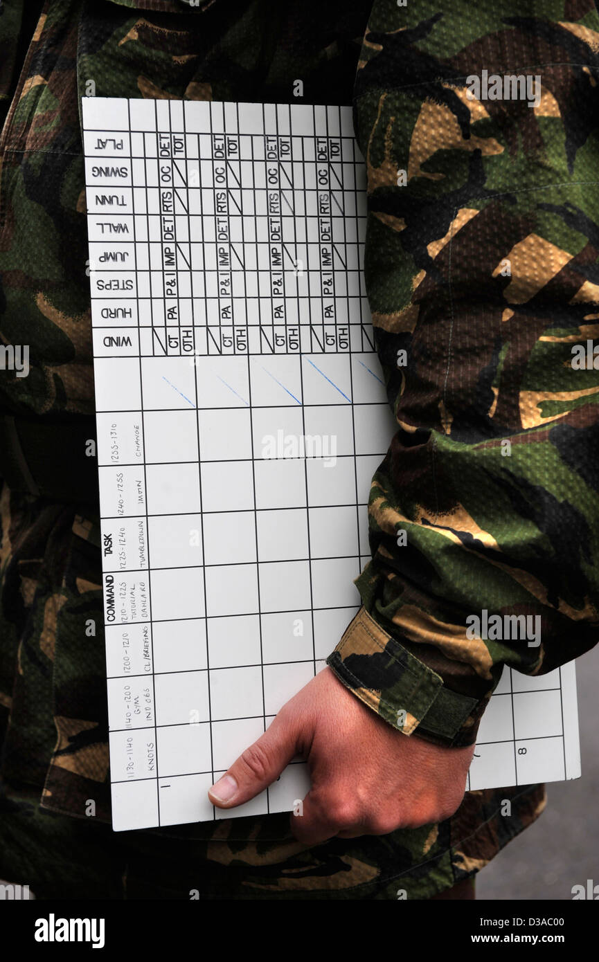 Un officier de recrutement avec un graphique de tests pour les recrues potentielles à l'officier de l'Comité de sélection à Westbury, Wiltshire, UK Banque D'Images