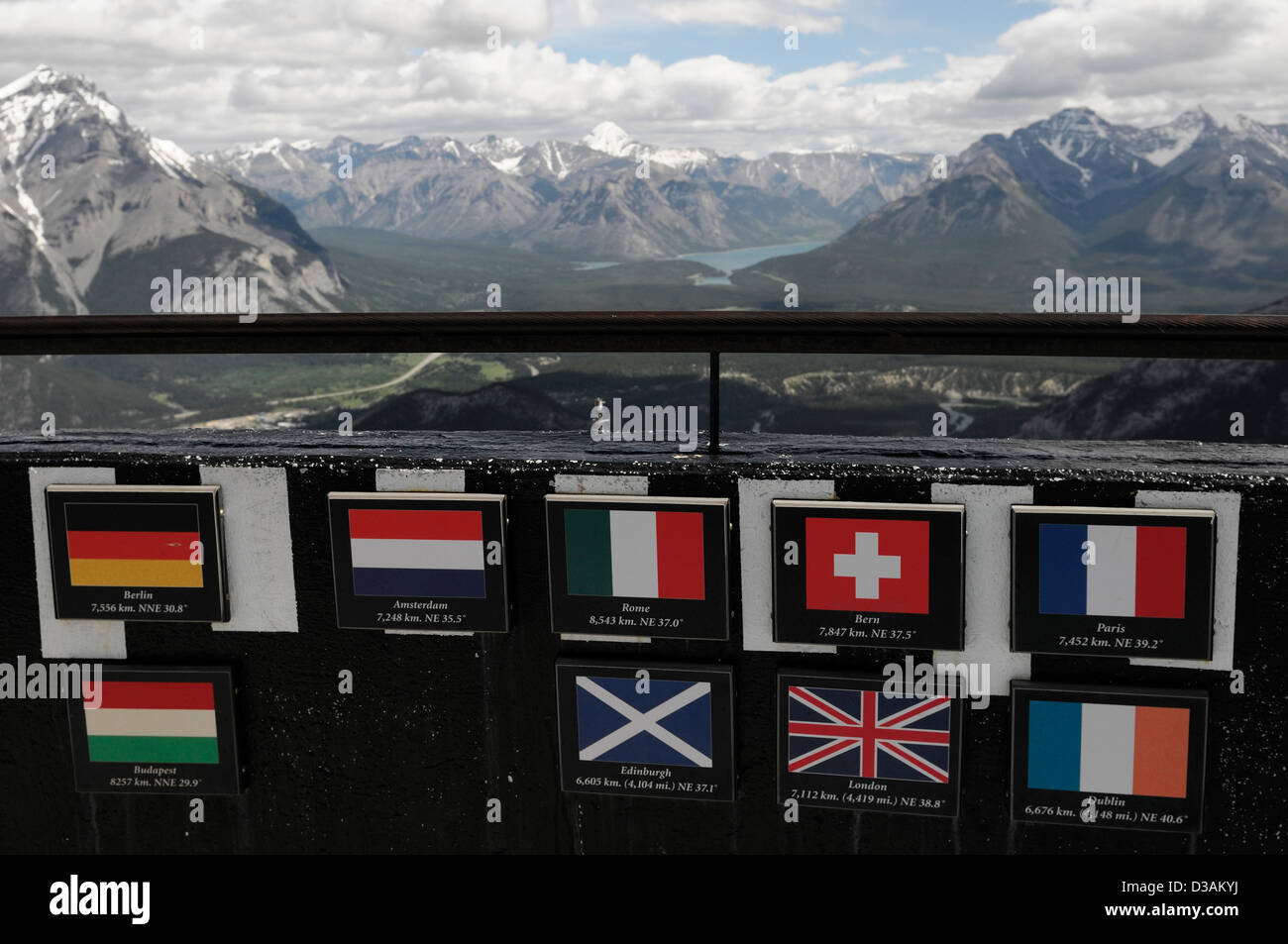 Punto de interés distance inscription destinations villes européennes de Sulphur Mountain, parc national Banff Canadian Rockies Banque D'Images
