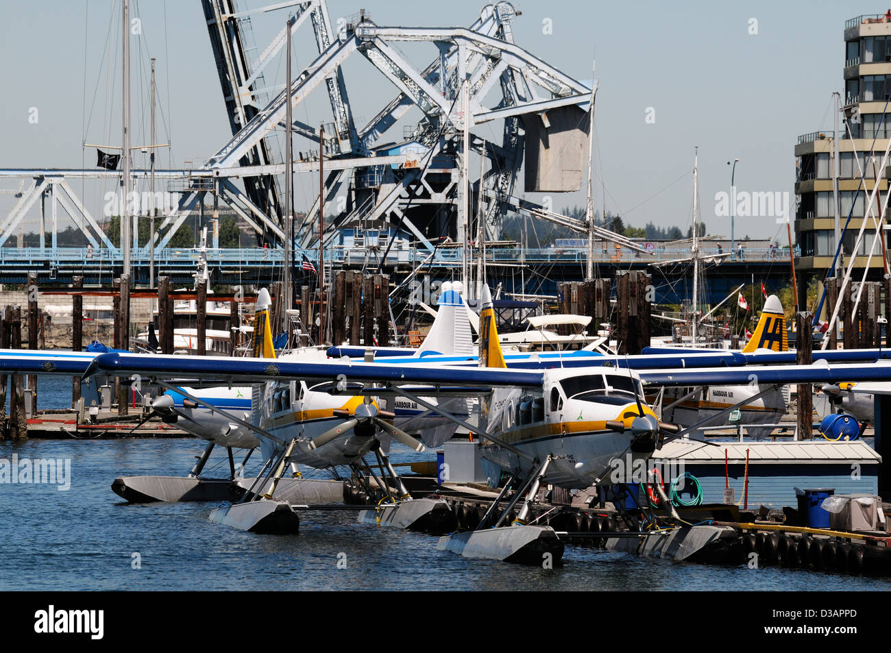 Harbour Air Eau avion moor amarré au repos en stationnement port intérieur de l'île de Vancouver Victoria Transport Transport Banque D'Images
