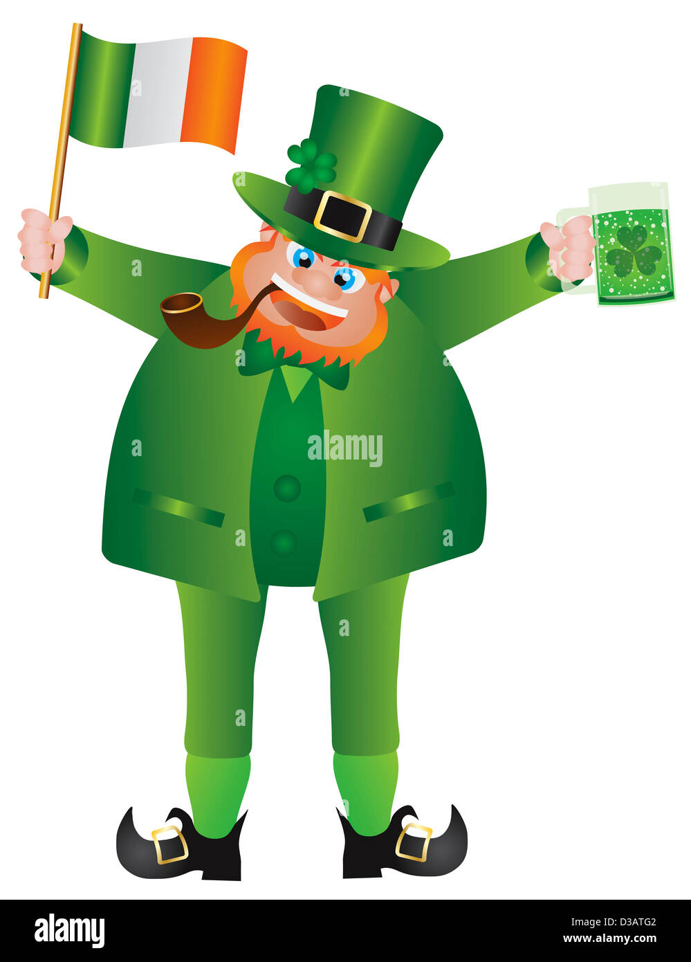 Saint Patrick's Day Lefprechaun avec chapeau, drapeau irlandais et la bière verte Dessin Illustration Banque D'Images