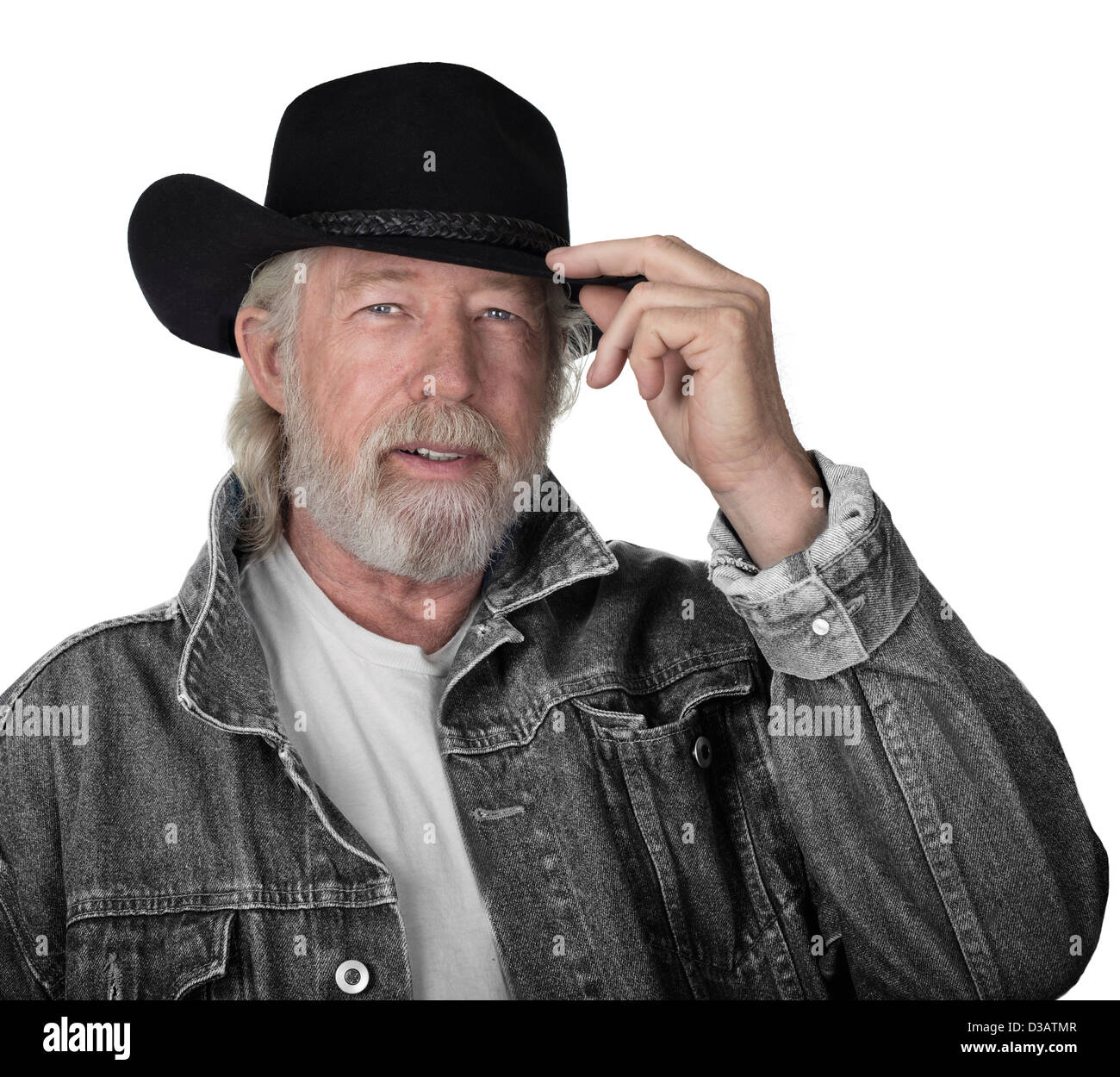Handsome man portant une veste jeans gris et chapeau de cowboy feutre noir aux yeux bleus Banque D'Images