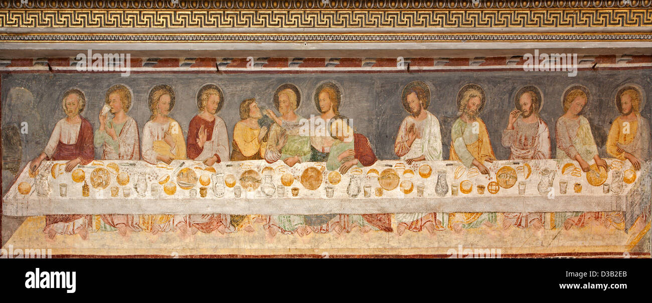 Bergame - fresque médiévale Giottesque de Cène, 'Ultima Cena", à partir de 14 cent.. dans la Basilique de Santa Maria Maggiore Banque D'Images