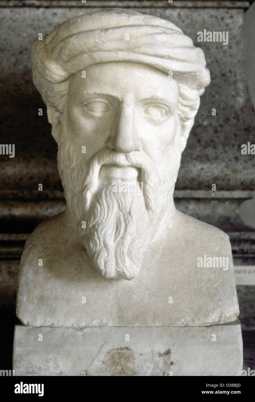Pythagore de Samos (570 BC-495 BC). Philosophe et mathématicien grec. Buste. Copie romaine. Les musées du Capitole. Rome. L'Italie. Banque D'Images
