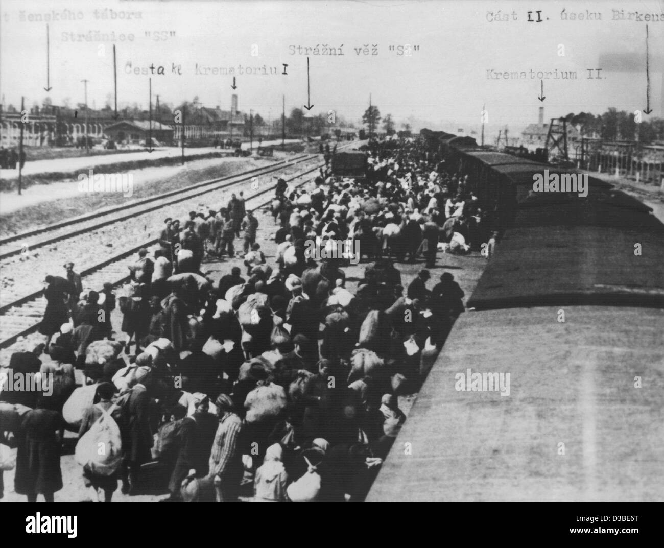 (Dpa) - Prisonniers de la Hongrie arrivent au camp de concentration d'Auschwitz, à environ 50 km à l'ouest de Cracovie, Pologne, printemps 1945. Dans l'arrière-plan sont vu les cheminées du crematory (R et L), dans lequel les corps des prisonniers assassinés ont été brûlées. Le SS Nazi avait le camp de concentration établi Banque D'Images