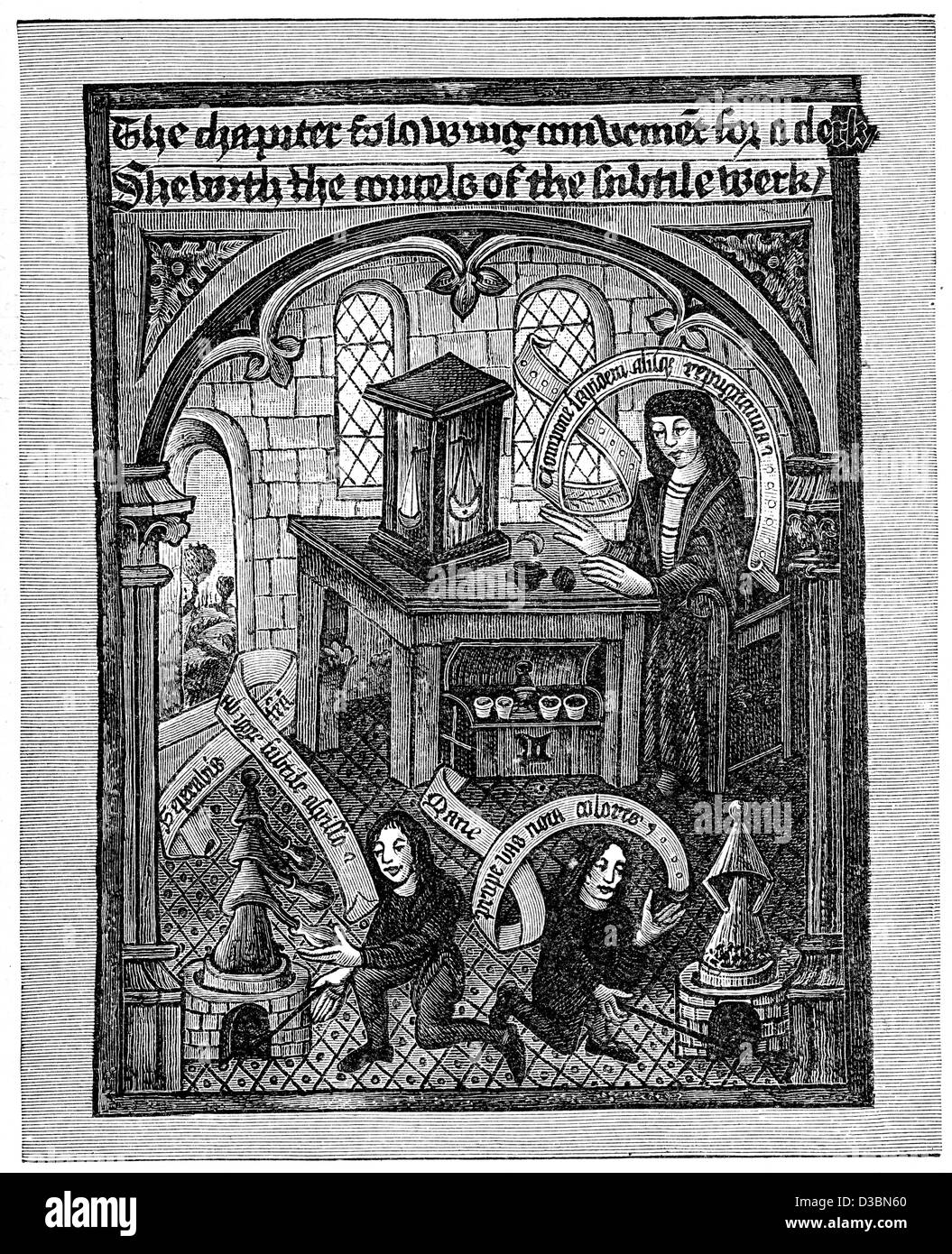 Gravure d'époque à partir d'un original du 15ème siècle d'alchimistes au travail Banque D'Images