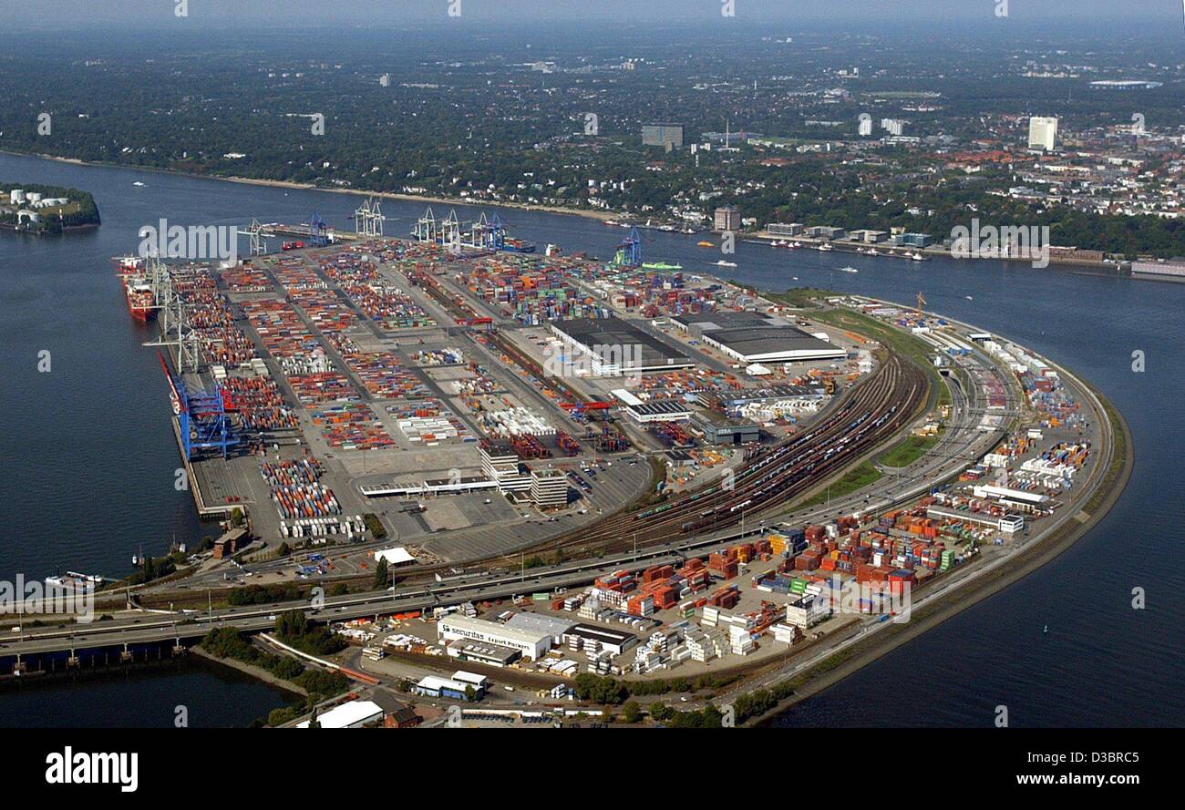 Vue du terminal à conteneurs en Alternwerder au port de Hambourg, Allemagne, 14 septembre 2003. Mots-clés : Economy-Business-Finance, EBF, des Transports, de la géographie, terminal à conteneurs, fret, fret, port, port, port, Allemagne:DEU, vue générale, vue aérienne Banque D'Images