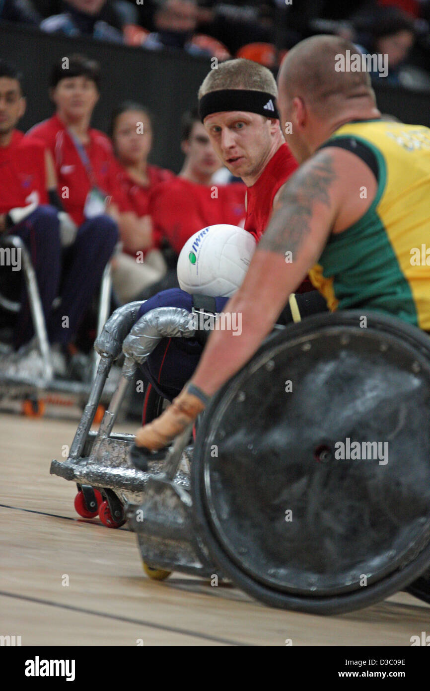 Aaron Phipps de go v l'Australie dans le rugby en fauteuil roulant à l'arène de basket-ball dans le parc olympique de Stratford. Banque D'Images