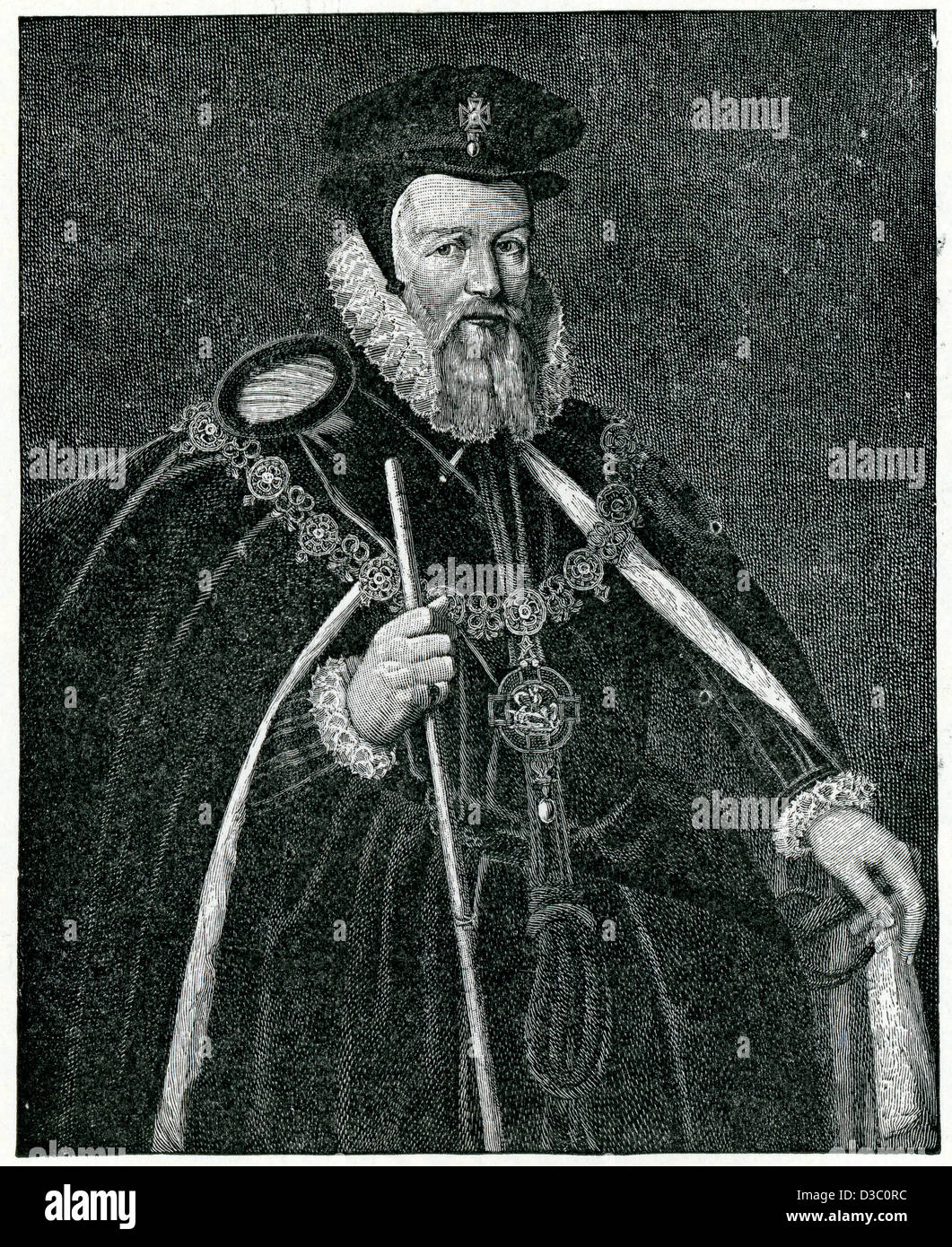 Vintage Gravure de William Cecil, 1er baron Burghley, un homme d'État anglais, le principal conseiller de la Reine Elizabeth I Banque D'Images