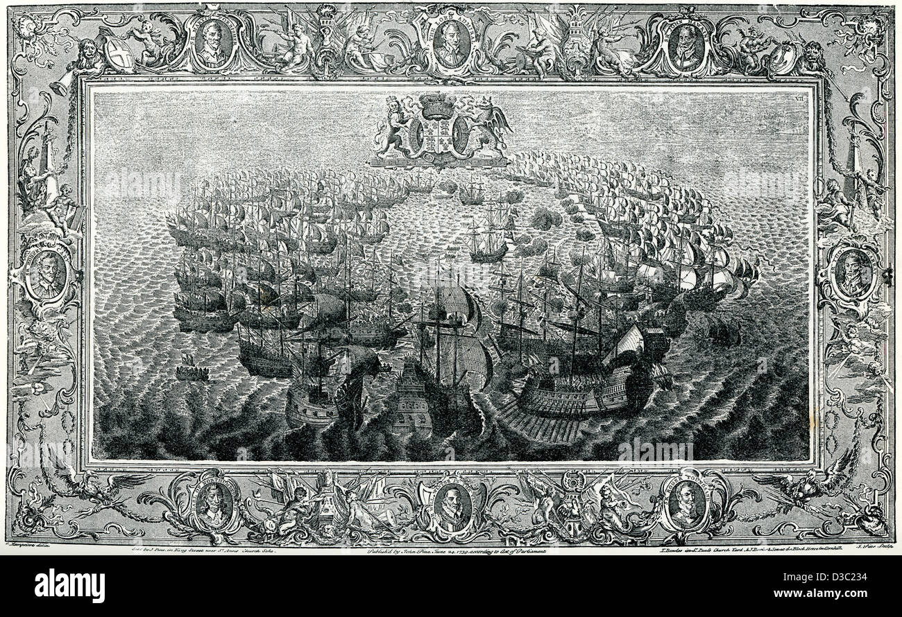 Gravure d'époque de la lutte entre l'Armada espagnole et la flotte anglaise de l'île de Wight Banque D'Images