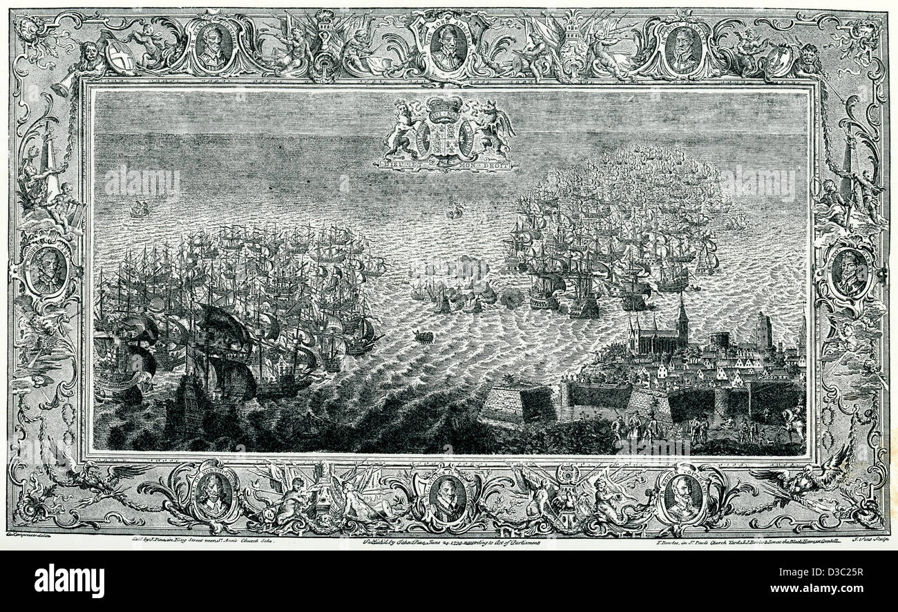 Gravure d'époque de l'Armada espagnole battant à Calais Banque D'Images