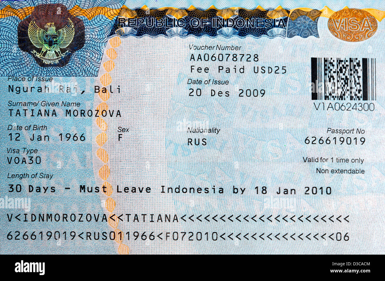 Le visa pour Bali, Indonésie Photo Stock - Alamy