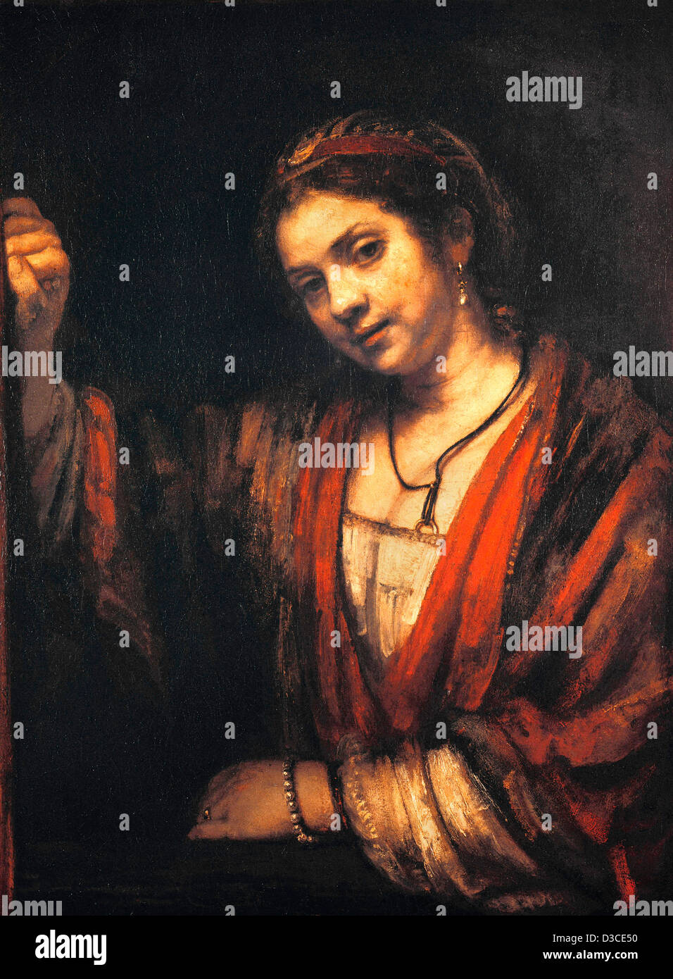 Rembrandt van Rijn, Hendrickje Stoffels à une fenêtre. 1655 Huile sur toile. Gemaldegalerie, Berlin. Baroque. Banque D'Images