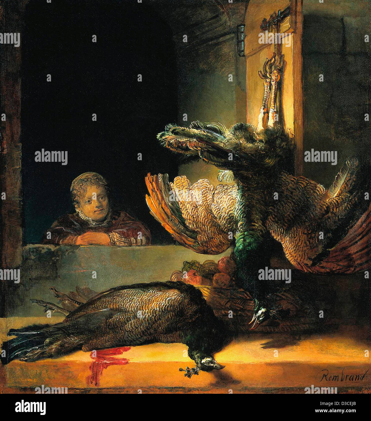 Rembrandt van Rijn, Nature morte avec deux paons et une fille. 1639 Huile sur toile. Baroque. Rijksmuseum Amsterdam. Banque D'Images