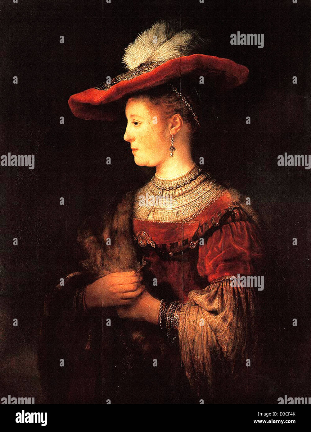 Rembrandt van Rijn, demi-longueur Figure de Saskia dans une Red Hat. L'huile de 1634. Baroque. Schloss Wilhelmshöhe, Kassel. Banque D'Images