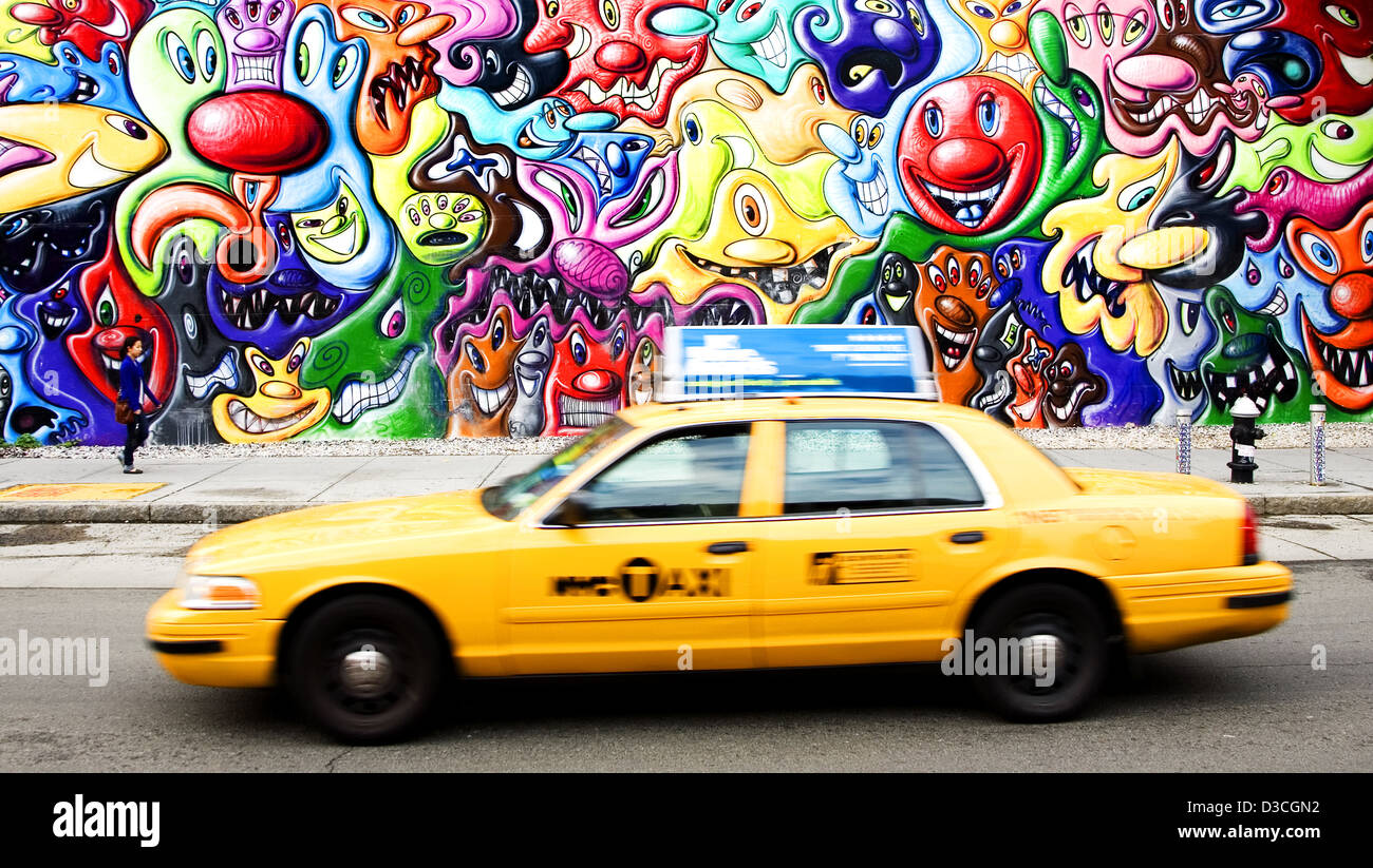 Yellow Cab et l'Art de mur, East Village, New York, USA Banque D'Images