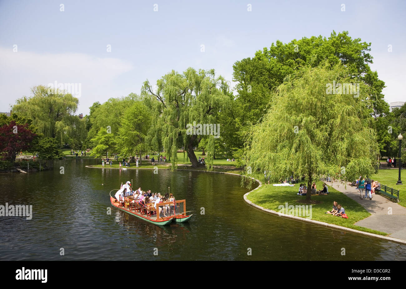 Swan bateau dans le Jardin Public Lagoon, Back Bay, Boston, Massachusetts, USA Banque D'Images
