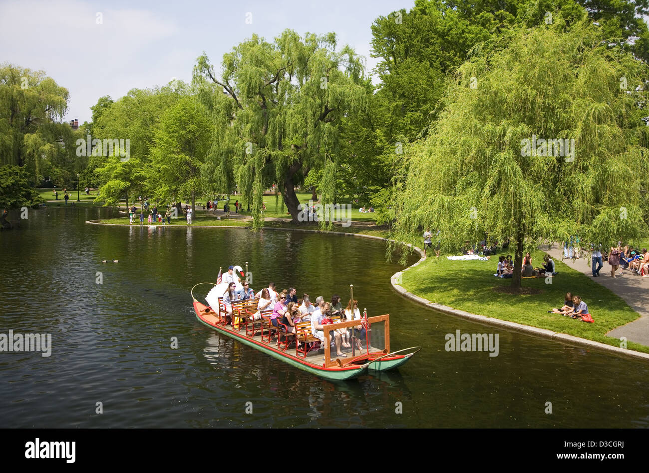 Swan bateau dans le Jardin Public Lagoon, Back Bay, Boston, Massachusetts, USA Banque D'Images