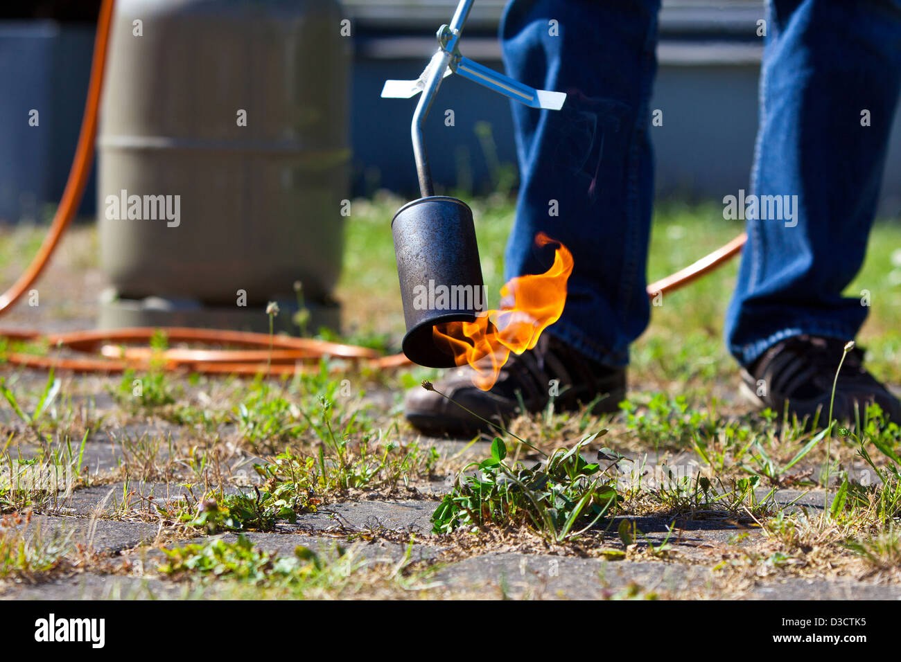 Kiel, Allemagne, le contrôle des mauvaises herbes à l'aide d'un brûleur à gaz Banque D'Images