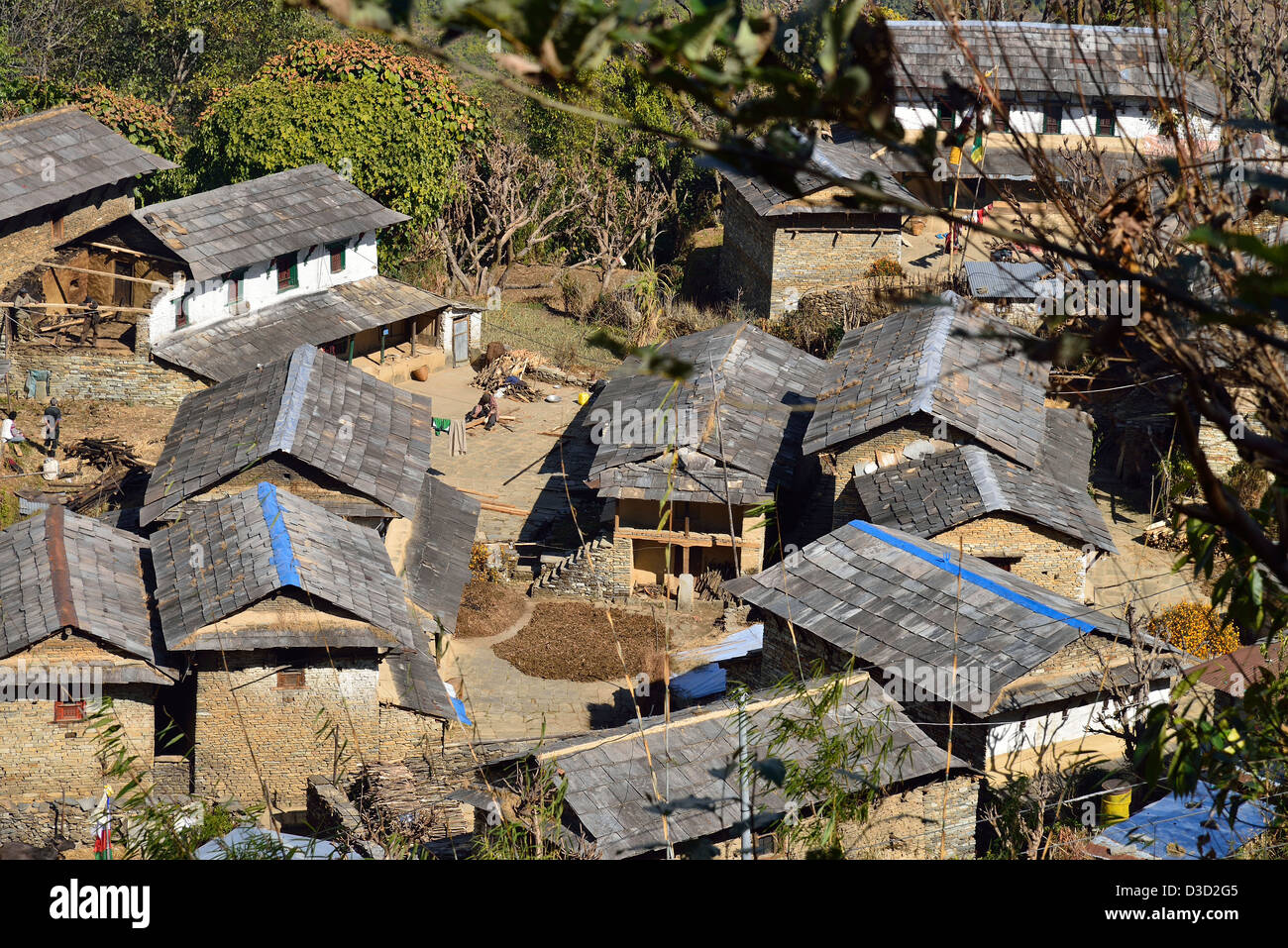 Vue de village traditionnelle népalaise cultures montrant le séchage et la menuiserie réparation d'une chambre. Banque D'Images