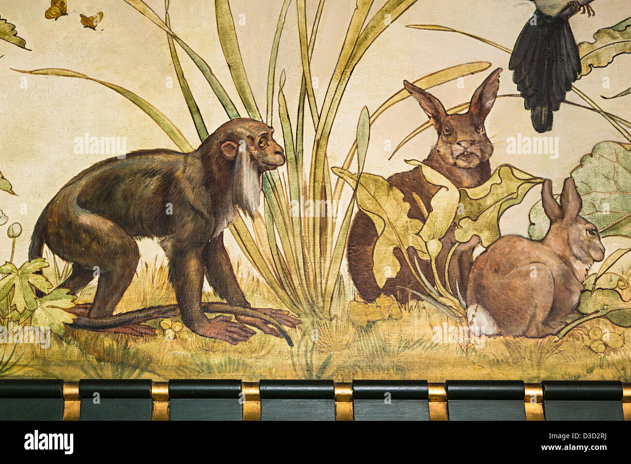 Mur peint avec des animaux dans une salle décorée par William Burgess dans Castell Coch château, Tongwynlais, Cardiff, Pays de Galles, Royaume-Uni Banque D'Images