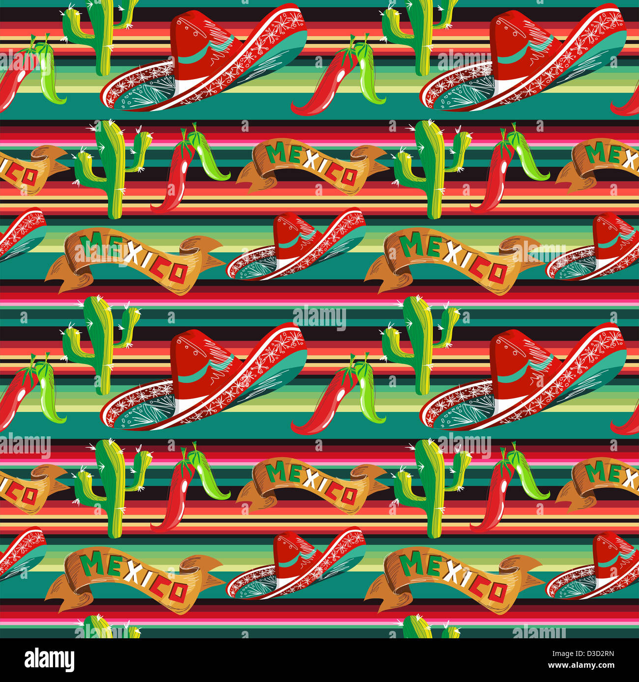 Le Mexique avec motif transparent cactus, hat and chill plus dépouillé l'arrière-plan. Couches d'illustration vectorielle pour une manipulation facile et coloris. Banque D'Images