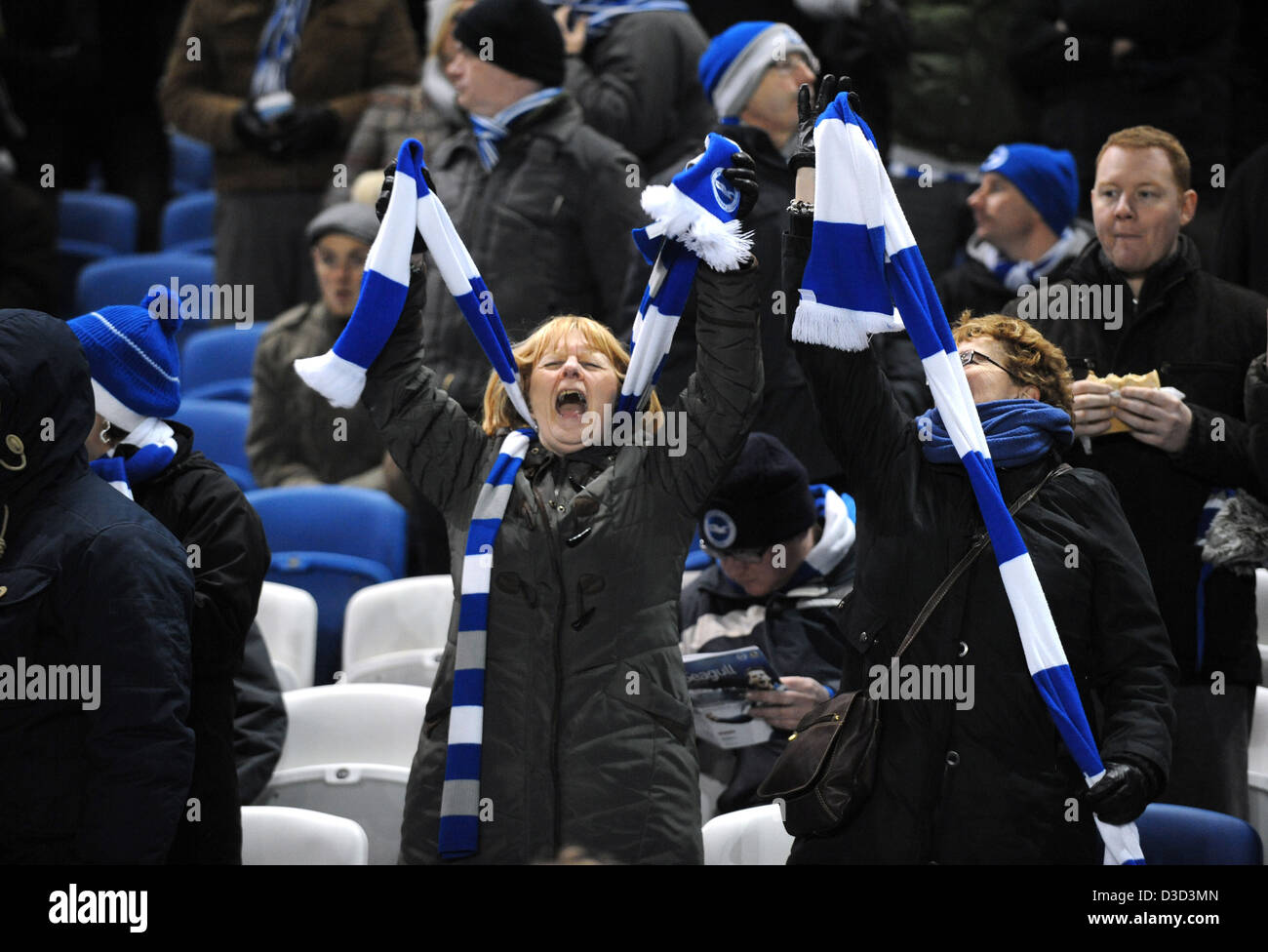 Femme Brighton et Hove Albion football fan cheering at un match forme foulard Banque D'Images