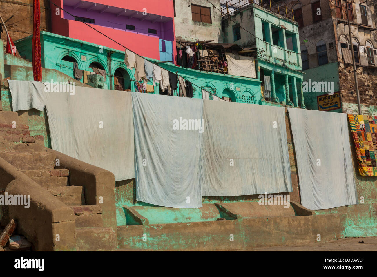 Le séchage des feuilles blanches, Varanasi, Inde Banque D'Images
