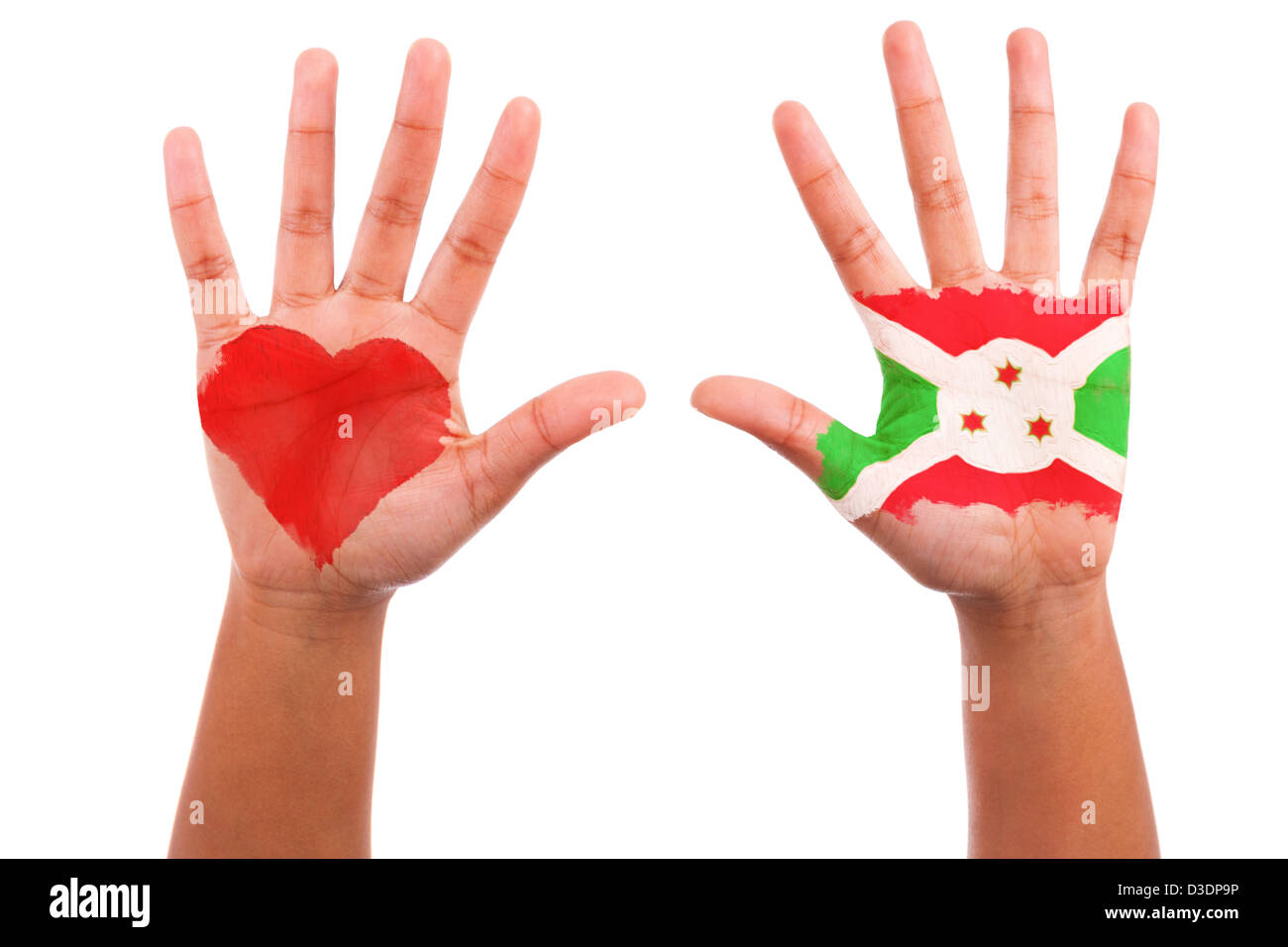 Les mains des Africains avec un coeur peint et burundais drapeau, j'aime le Burundi concept, isolé sur fond blanc Banque D'Images