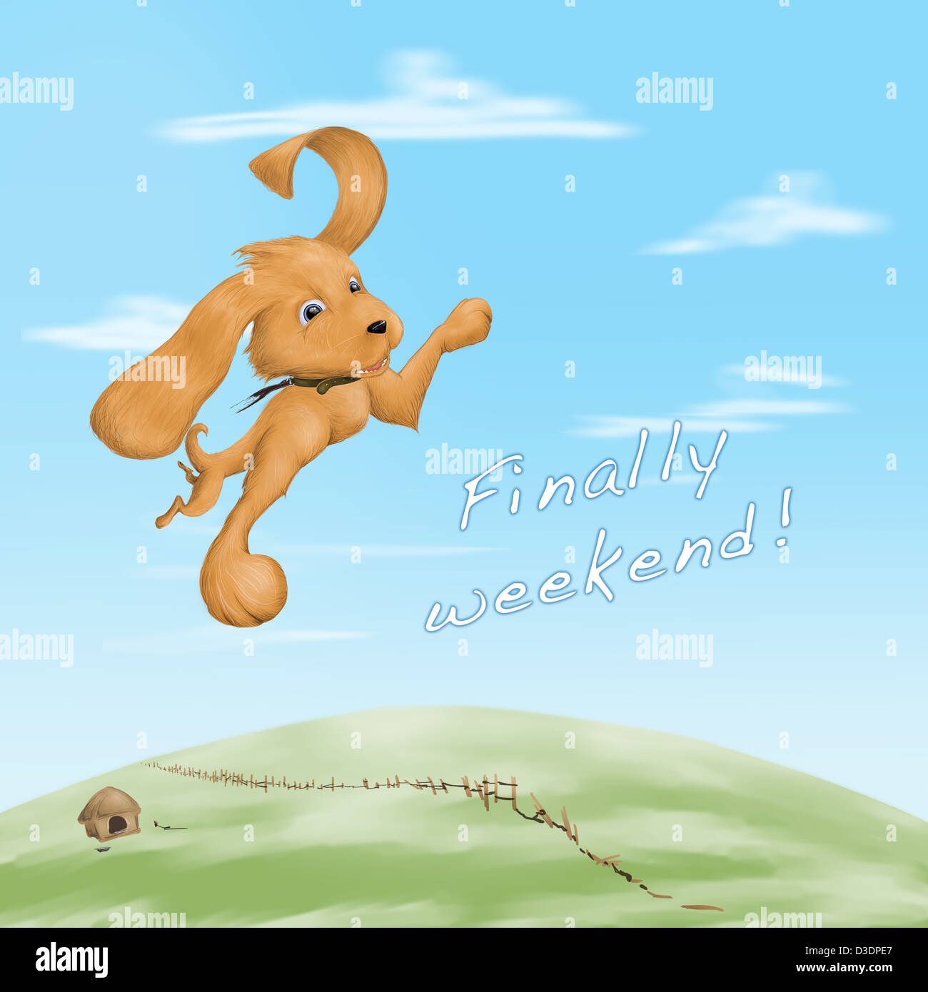 Smiling Dog Avec Plomb Dechires Volant Haut Dans Le Ciel Raster Illustration Avec Texte Enfin Le Week End Photo Stock Alamy