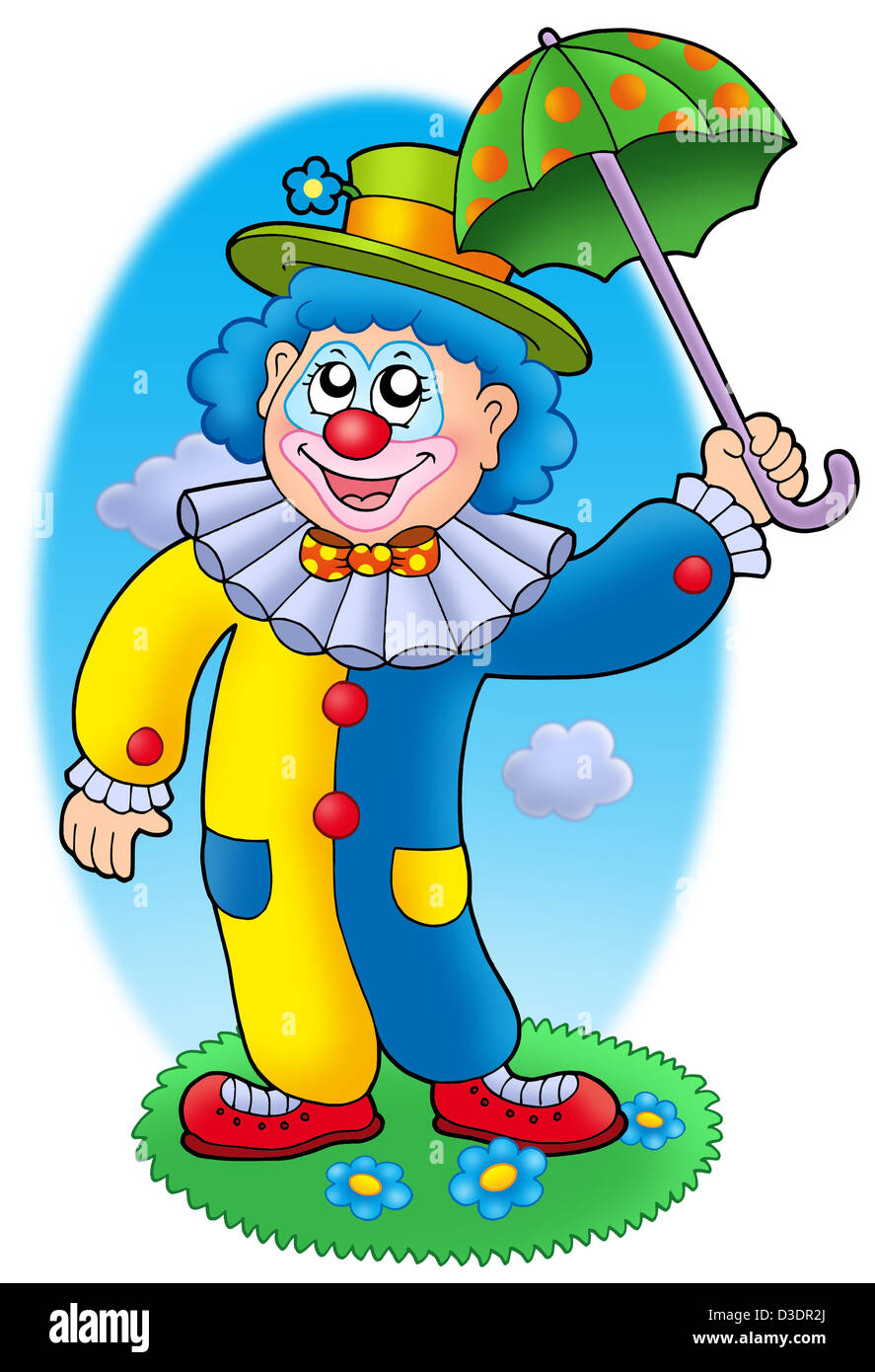 Caricature clown holding umbrella - illustration couleur. Banque D'Images